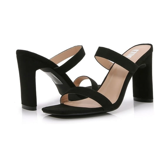 Women Double Strap High Chunky Heeled Slip On Slide Sandals (Double Solid Black, 11)