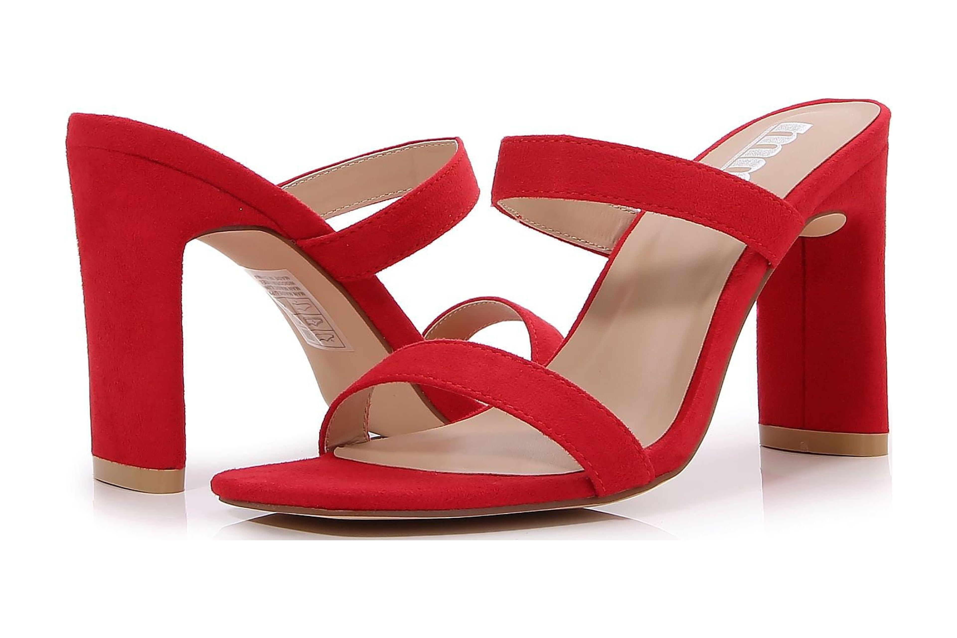 Women Double Strap High Chunky Heeled Slip On Slide Sandals (Double Solid Red, 8)