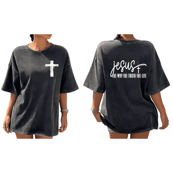 Women Double-sided Jesus The Way Graphic Tee Christian Religious T Shirt Top Inspirational Cross Short Sleeve Round Neck Black S-2XL Plus Size