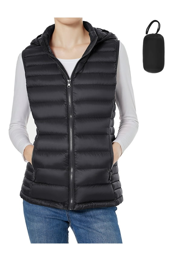 Women Down Vest Lightweight Packable Down Puffer Vest Warm Winter Puffy Vest with Hood (Black, Small)
