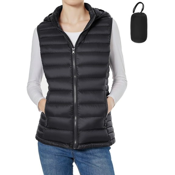 Women Down Vest Lightweight Packable Down Puffer Vest Warm Winter Puffy Vest with Hood (Black, Small)