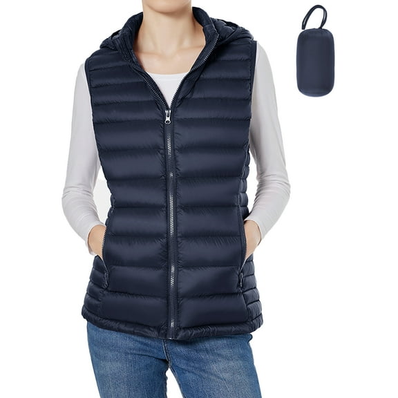 Women Down Vest Lightweight Packable Down Puffer Vest Warm Winter Puffy Vest with Hood (Navy, Small)