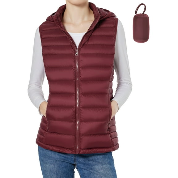 Women Down Vest Lightweight Packable Down Puffer Vest Warm Winter Puffy Vest with Hood (Red, Small)