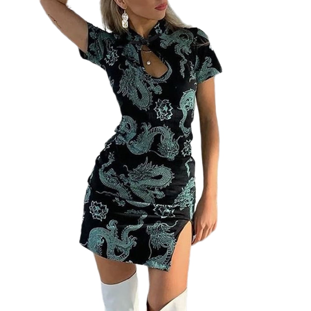 Women Dragon Cheongsam Dress Mock-Neck Short Sleeve Hollow Slit Dress ...