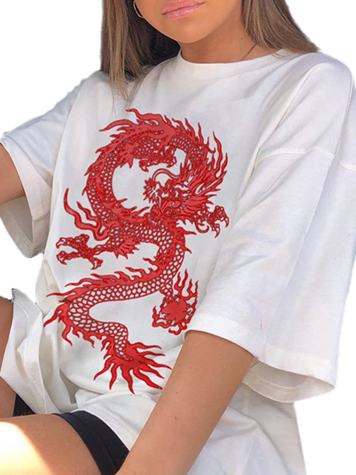 Women Dragon Print T-Shirt Short Sleeve Round Neck Top Loose Mid-Length  Pullover Tee Shirts Tops 
