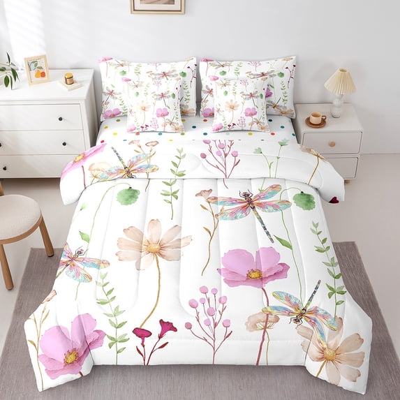 Women Dragonfly Flower Comforter Set Queen,Purple Beige Watercolor Floral Bedding Set,Minimalist Branches Bed In A Bag(Comforter+Fitted+Flat Sheet+2 Pillowcases+2 Throw Pillow Covers) 7 Pcs Bed Set