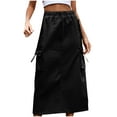 thumbnail image 1 of Women Drawstring Denim Cargo Skirt Elastic Waist Maxi Skirt Streetwear Hip Hop Baggy Skirt with Pockets Black,L, 1 of 6