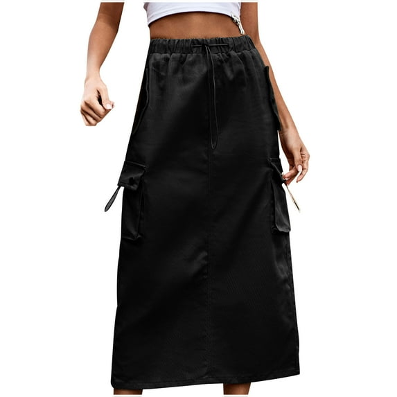 Women Drawstring Denim Cargo Skirt Elastic Waist Maxi Skirt Streetwear Hip Hop Baggy Skirt with Pockets Black,L
