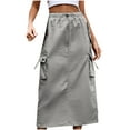 thumbnail image 1 of Women Drawstring Denim Cargo Skirt Elastic Waist Maxi Skirt Streetwear Hip Hop Baggy Skirt with Pockets Gray,M, 1 of 6
