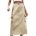 thumbnail image 1 of Women Drawstring Denim Cargo Skirt Elastic Waist Maxi Skirt Streetwear Hip Hop Baggy Skirt with Pockets Khaki,XL, 1 of 6