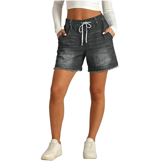 Women Drawstring Elastic Waist Denim Shorts, Loose Straight Fit Frayed Raw Hem Casual Jean Shorts 02-Gray M