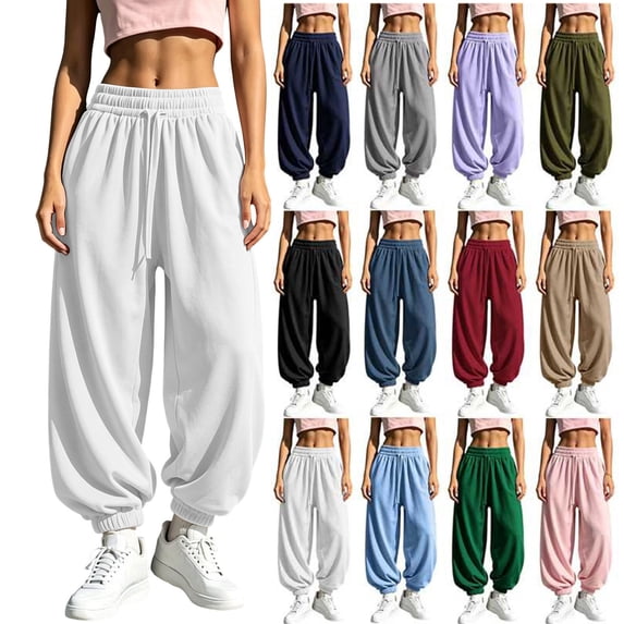 Women Drawstring Elastic Waist Fleece Lined Jogger Pants Soft Loose Cuffed Ankle Sweatpants with Side Pockets Solid Color Warm Casual Trousers for Fall