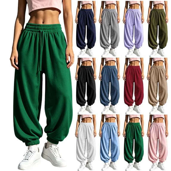 Women Drawstring Elastic Waist Fleece Lined Jogger Pants Soft Loose Cuffed Ankle Sweatpants with Side Pockets Solid Color Warm Casual Trousers for Fall