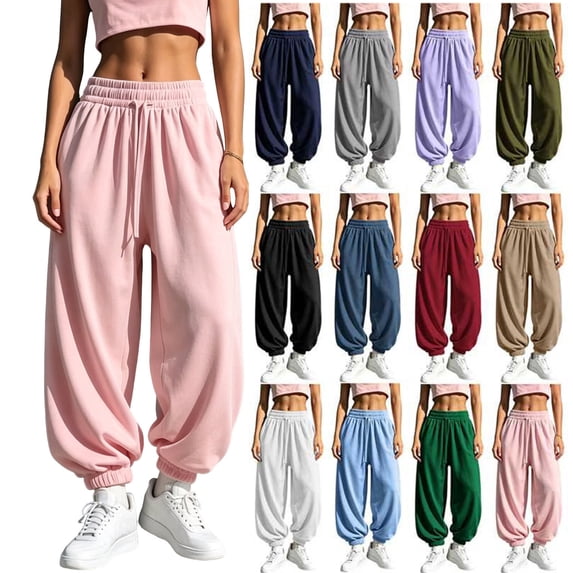 Women Drawstring Elastic Waist Fleece Lined Jogger Pants Soft Loose Cuffed Ankle Sweatpants with Side Pockets Solid Color Warm Casual Trousers for Fall
