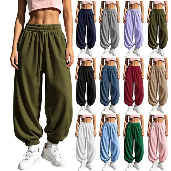 Women Drawstring Elastic Waist Fleece Lined Jogger Pants Soft Loose Cuffed Ankle Sweatpants with Side Pockets Solid Color Warm Casual Trousers for Fall