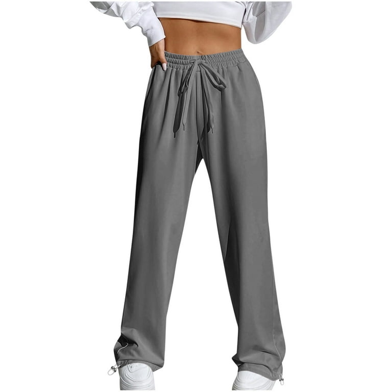 Women Drawstring Elastic Waist Long Straight Pants Plus Size Solid Color  Casual Stretch Yoga Workout Sweatpants (S, Dark Gray)