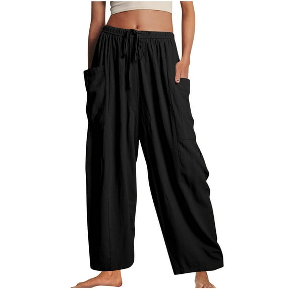 Women Drawstring Elastic Waist Pants Straight Leg Baggy Pockets Light Loose Fit Casual Pants Loungewear Pants Streetwear Black,L