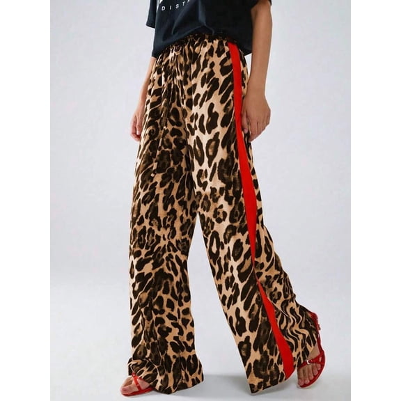 Women Drawstring Elastic Waist Wide Leg Pants, Leopard Print Color Block Flowy Trousers for Spring Daily Wear