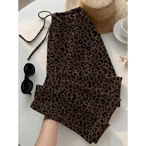 Women Drawstring Elastic Waist Wide Leg Pants, Leopard Print Flowy Trousers for Summer Beach Vacation