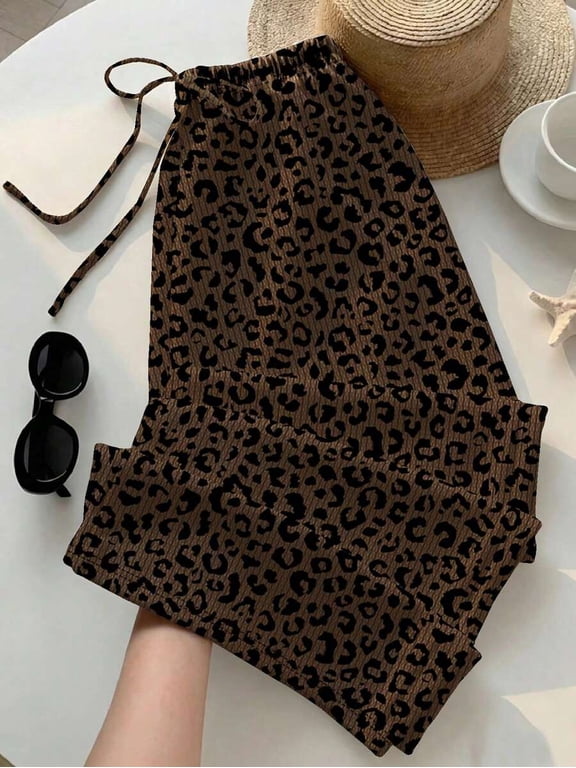Women Drawstring Elastic Waist Wide Leg Pants, Leopard Print Flowy Trousers for Summer Beach Vacation