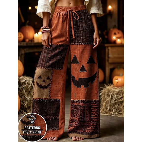 Women Drawstring Elastic Waist Wide Leg Pants, Pumpkin Patchwork Print Casual Trousers for Halloween