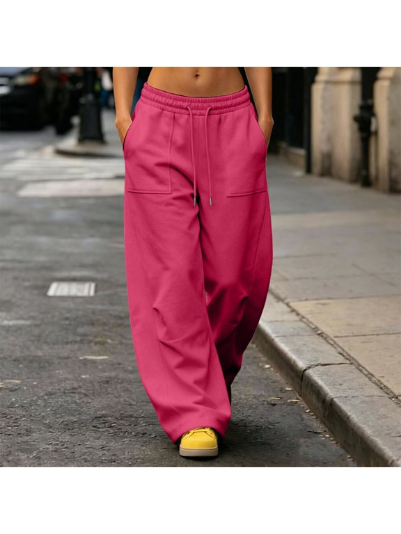 Women Drawstring Elastic Waist Wide Leg Sweatpants, Loose Seam Detail Casual Trousers with Patch Pockets(Hot Pink,S)