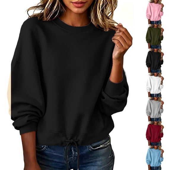 Women Drawstring Hem Sweatshirt Sevevn Crew Neck Drop Shoulder Relaxed Fit Fleece Fabric Long Sleeve Drawstring Hem Cropped For Casual Daily Wear