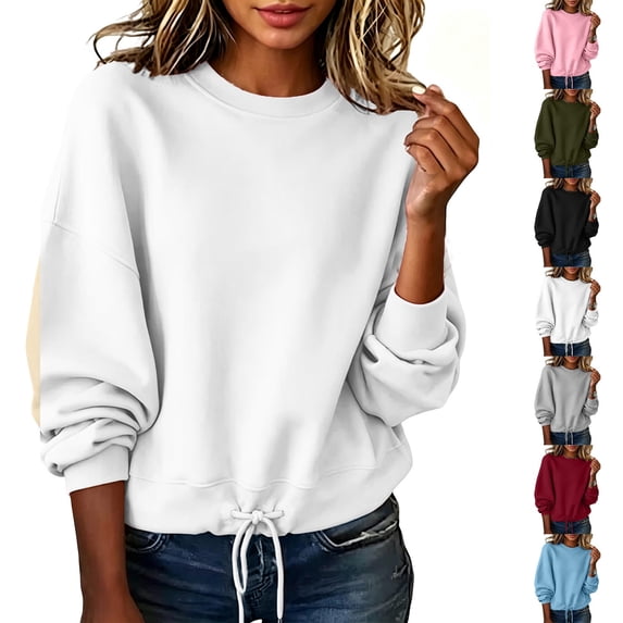 Women Drawstring Hem Sweatshirt Sevevn Crew Neck Drop Shoulder Relaxed Fit Fleece Fabric Long Sleeve Drawstring Hem Cropped For Casual Daily Wear