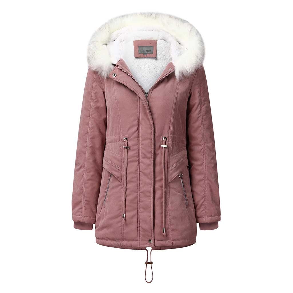 Women Drawstring Hoodie Coat Warm Inside Padded Coat Slim Zipper Coat ...