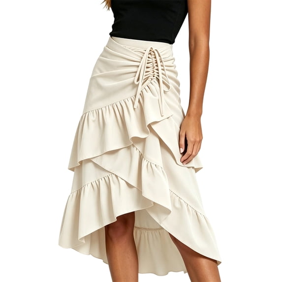Women Drawstring Ruched Midi Skirt, High Low Asymmetrical Tiered Ruffle Wrap Skirt, High Waist Flowy Irregular Hem A Line Skirt Beige XXL(XXL)