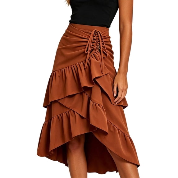 Women Drawstring Ruched Midi Skirt, High Low Asymmetrical Tiered Ruffle Wrap Skirt, High Waist Flowy Irregular Hem A Line Skirt Coffee L(L)