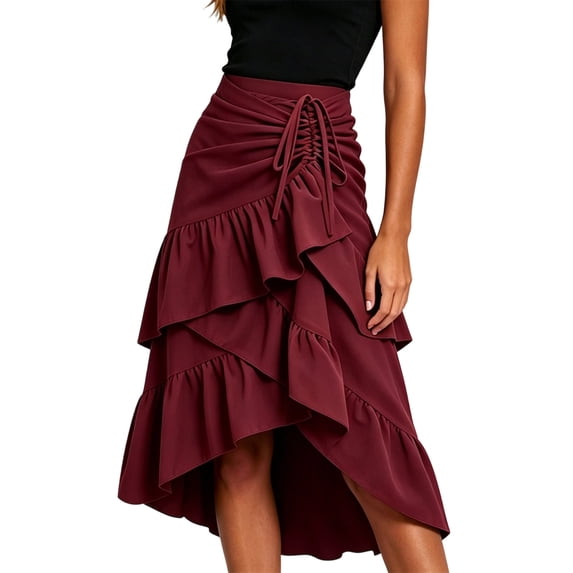 Women Drawstring Ruched Midi Skirt, High Low Asymmetrical Tiered Ruffle Wrap Skirt, High Waist Flowy Irregular Hem A Line Skirt Wine M(M)