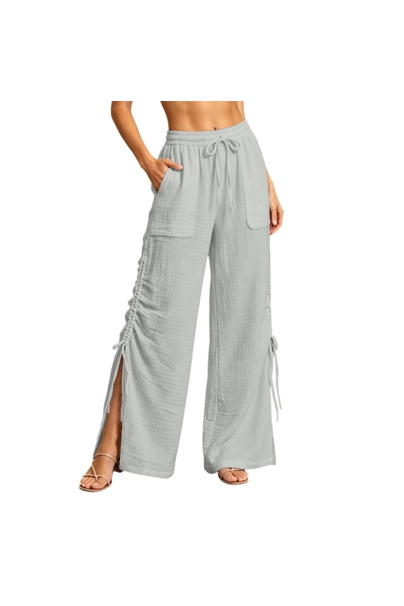 Women Drawstring Split Hem Pants Ruched Wide Leg Trousers Summer High Waist Beach Bottoms Solid Lightweight Casual Slacks Travel Outdoor Activities