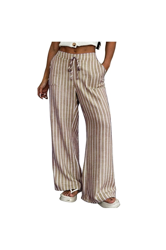 Women Drawstring Striped Pant Womens Drawstring Pants Business Work Casual Pants Lounge Pants Women Work Pants Ladies Slacks Womens Linen Pants with Pockets Petite Pants Boho Pants Brown L
