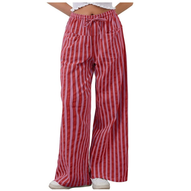 Women Drawstring Striped Pants Casual Loose Wide Leg Trousers with Pockets Lounge Elastic Waist Straight Bottoms Red L Walmart Business Supplies