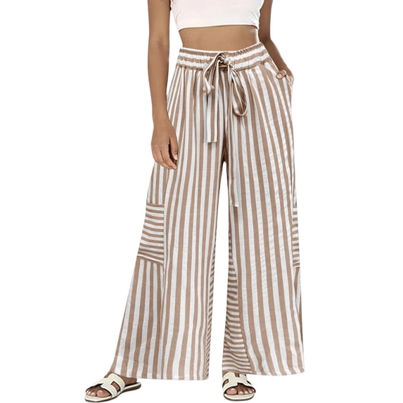 Women Drawstring Striped Pants Loose Wide Leg Trousers Casual Elastic Waist Pants Comfy Lounge Pants with Pockets Khaki L