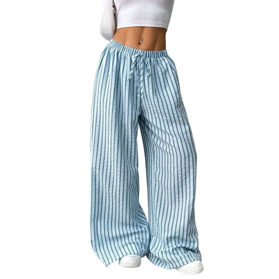 Women Drawstring Striped Pants Loose Wide Leg Trousers Casual Low Waist Pants Comfy Lounge Pants Blue & Blue Stripe S