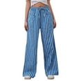 thumbnail image 1 of Women Drawstring Striped Pants Loose Wide Leg Trousers Casual Low Waist Pants Comfy Lounge Pants with Pockets Blue M, 1 of 5