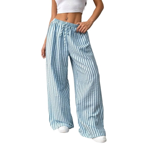 Women Drawstring Striped Pants Loose Wide Leg Trousers Casual Low Waist Pants Comfy Lounge Pants with Pockets Blue S