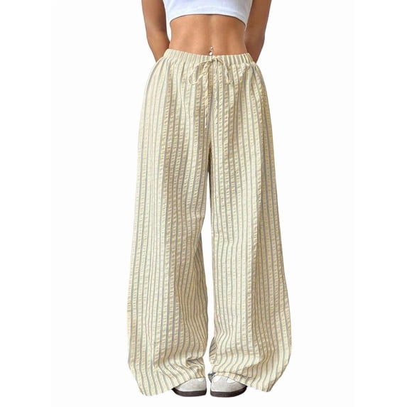 Women Drawstring Striped Pants Loose Wide Leg Trousers Casual Low Waist Pants Comfy Lounge Pants with Pockets Yellow L