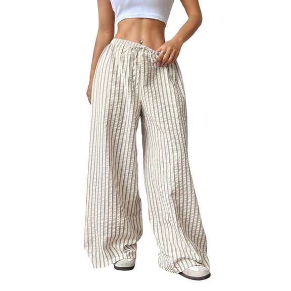Women Drawstring Striped Pants Loose Wide Leg Trousers Comfy Lounge Pants with Pockets Color S