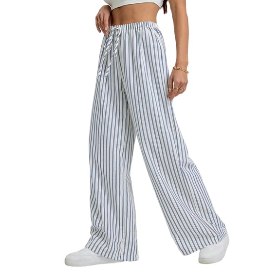 Women Drawstring Striped Pants Loose Wide Leg Trousers Comfy Lounge Pants with Pockets Light Blue L