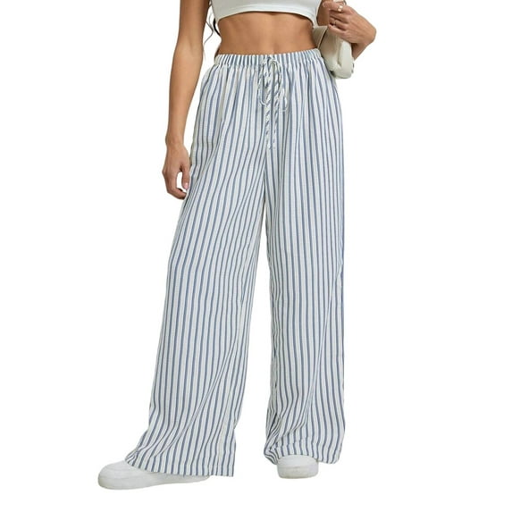 Women Drawstring Striped Pants Loose Wide Leg Trousers Comfy Lounge Pants with Pockets Light Blue S