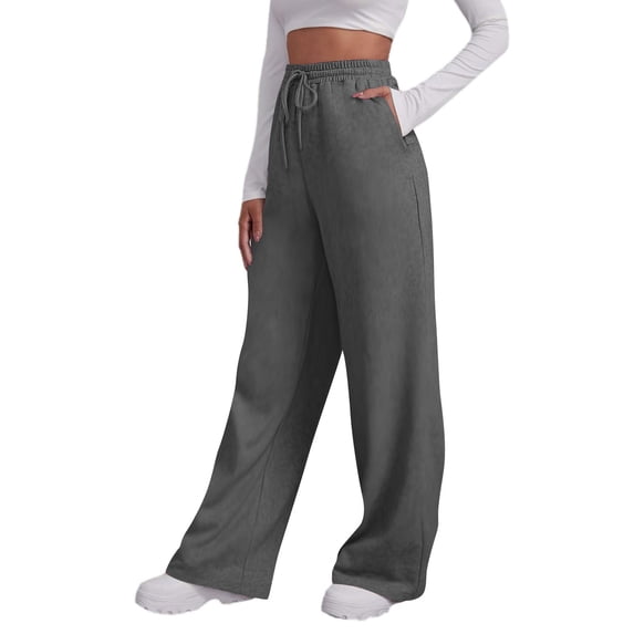 Women Drawstring Sweatpants, High Waisted Baggy Pants Solid Color Soft Fleece Straight Leg Casual Pants with Pockets