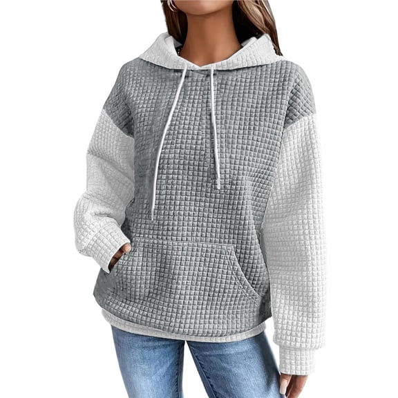 Women Drawstring Waffle Sweatshirts Trendy Winter Pullover Hooded Sweatshirts Sweater with Pocket White Ash XXL