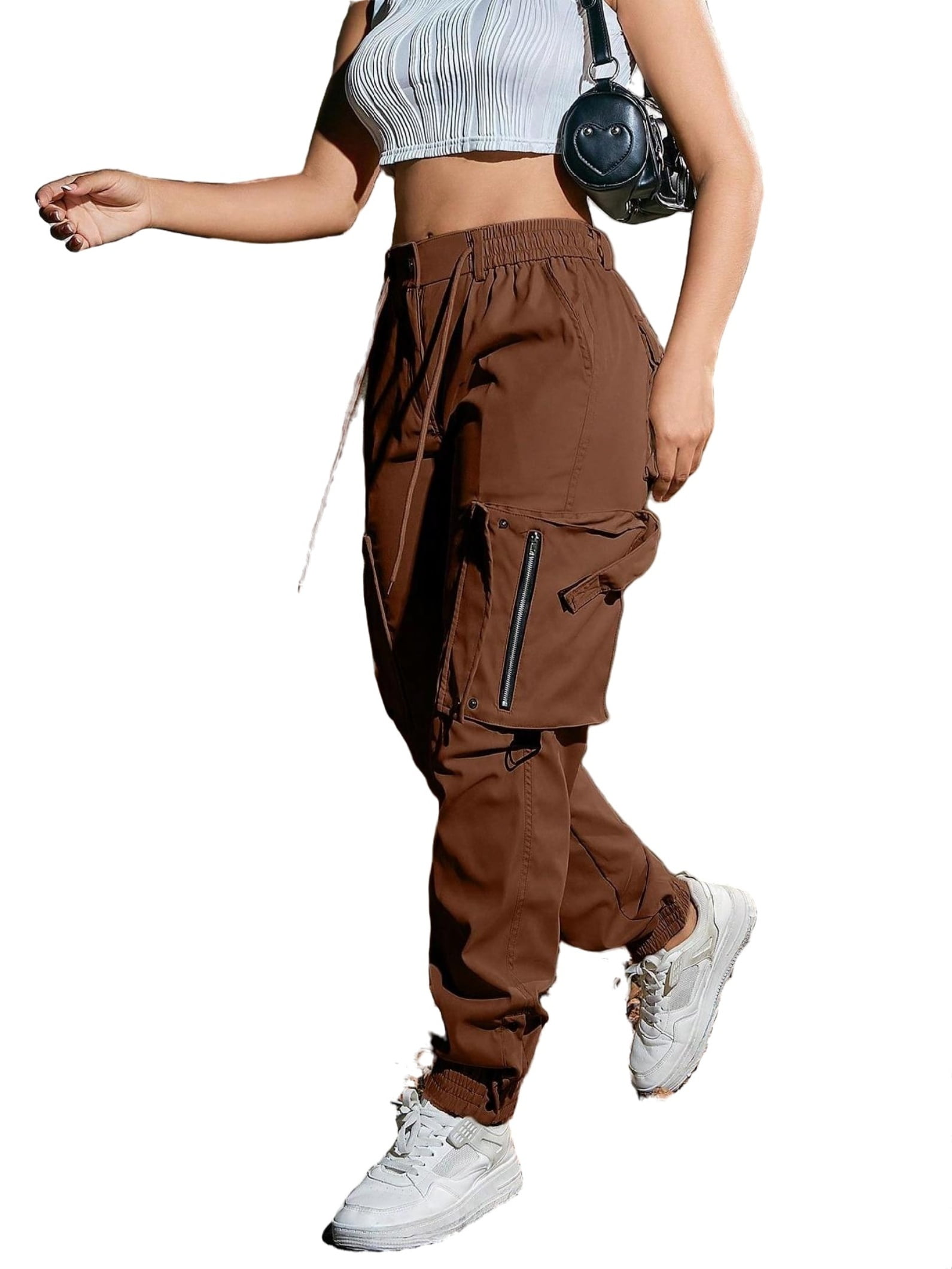 Elastic Waist Drawstring Flap Pocket Zipper Detail Metal