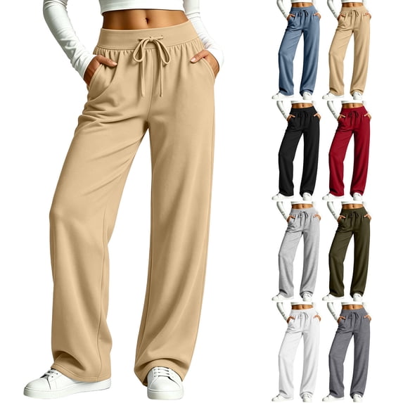 Women Drawstring Waist Sweatpants Soft Stretchy Casual Jogger Pants with Deep Pockets Loose Wide Leg Solid Color Lounge Trousers for Daily Walking