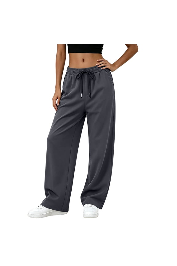 Women Drawstring Waist Sweatpants Solid Wide Leg Trousers Casual Straight Pants with Pocketed Comfy Loungewear Long Pants Workout Travel Errands Daily
