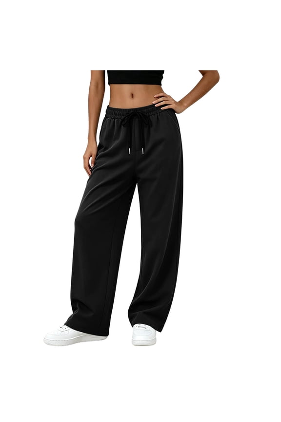Women Drawstring Waist Sweatpants Solid Wide Leg Trousers Casual Straight Pants with Pocketed Comfy Loungewear Long Pants Workout Travel Errands Daily
