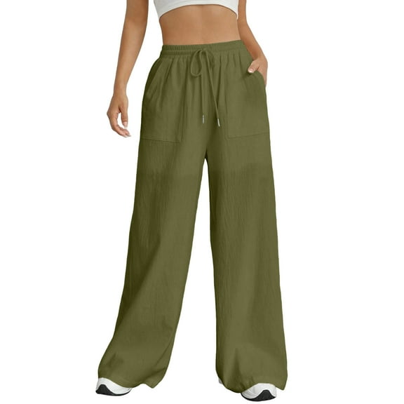 Women Drawstring Waist Wide Leg Pants High Waisted Wide Leg Pants Fashion Drawstring Elastic Women (Army Green #4, L)